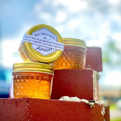 Three 4 ounce jars of Big Branch honey on bricks in the sunlight