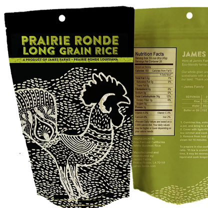 2-Ib resealable bag of Louisiana grown long grain rice. A product of James Farms, in Prairie Ronde, Louisiana, this long grain rice is non-GMO and gluten free.